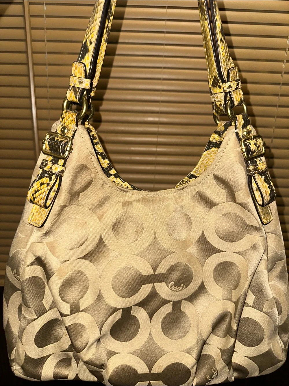 Coach Beige Signature Hobo Bag with Yellow Snake-Print Trim